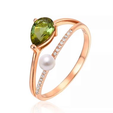 Rose Gold Pear Cut Green Tourmaline & Round Pearl Diamante Ring