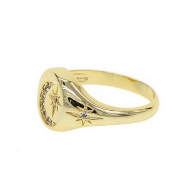 Zircons Stars and Moon Gold Plated Ring