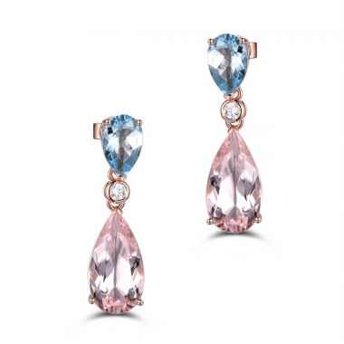 Pear Cut Aquamarine and Morganite Drop Earrings