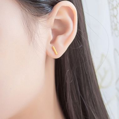 Gold Cylindrical Thin Bar Stud Earrings
