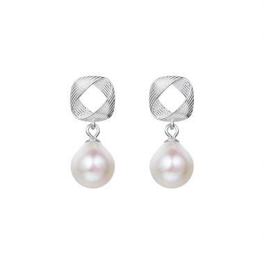 Silver-plated Hollow Square Brushed Textured Pearl Stud Earrings