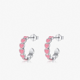 Pink Heart Enamel C-shaped Earrings